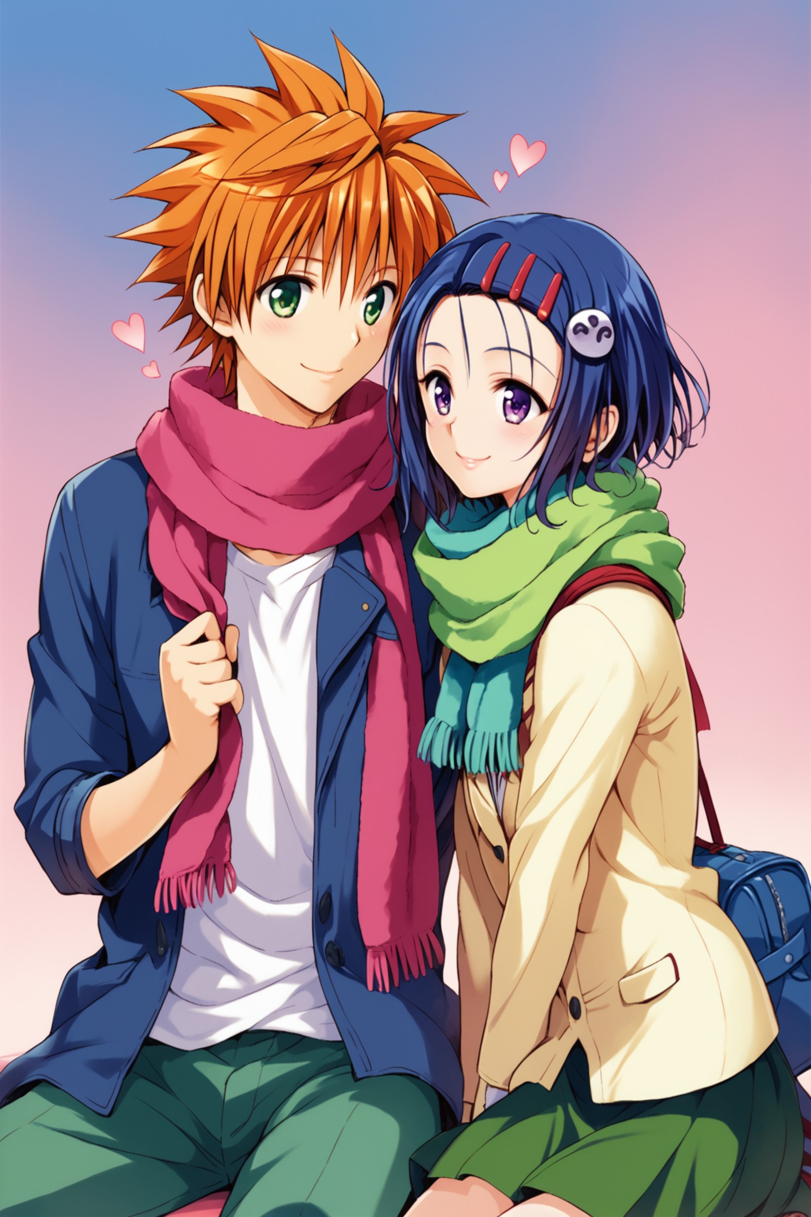 1girl,haruna sairenji,bow,green skirt,hair ornament,purple eyes,blue hair,scarf,shared scarf,1boy,yuuki rito,shirt,orange ...